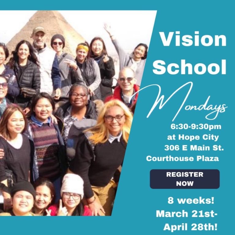 This is a picture of a flyer for the Vision School., indicating school time, Mondays 6:30-9:30 pm at 306 E. Main St. Courthouse Plaza 8 weeks March 21st-April 28th Register Now